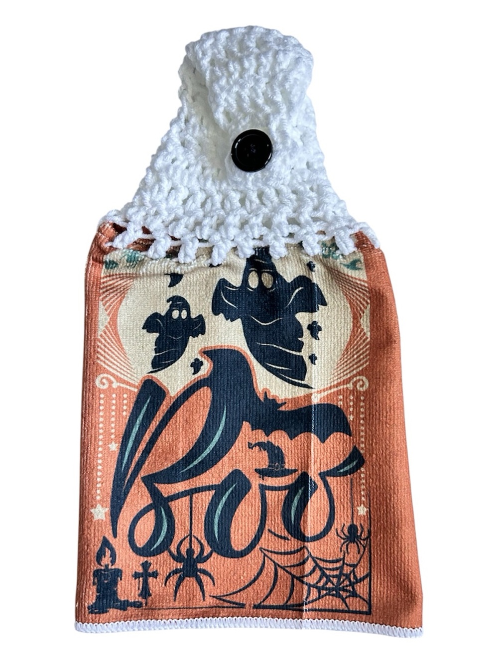 Hand Crafted Festive Orange Black Halloween Ghosts Boo Hanging Hand Towel